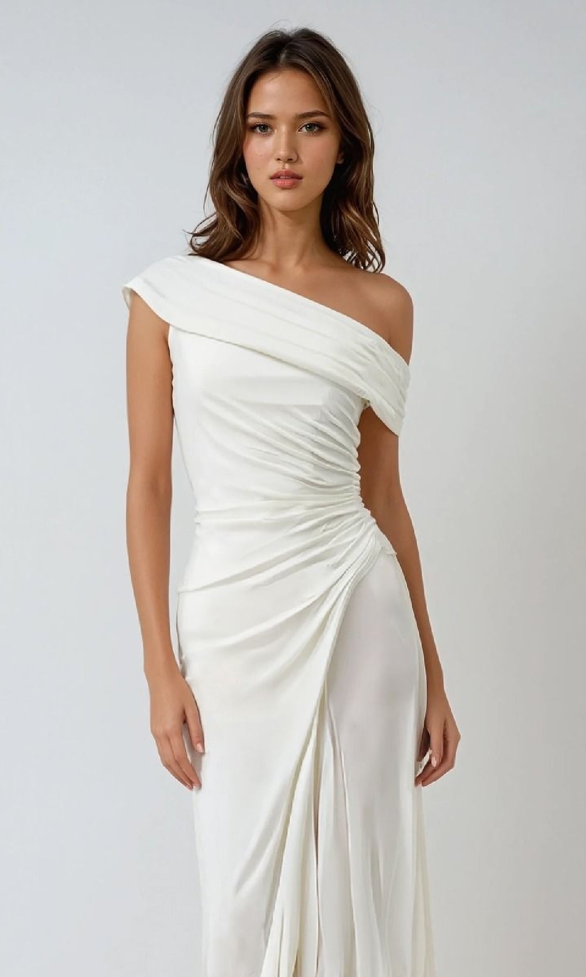 Woman models the Amoris T805W One-Shoulder White Prom Gown, featuring a ruched bodice and draped skirt, against a plain light background.